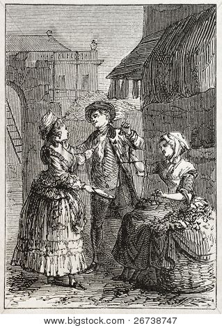 Old illustration of a woman selling cherries. Created by Godefroy-Durand, published on L'Illustration Journal Universel, Paris, 1857