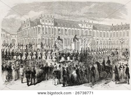 Vecchia illustrazione arrivo di Napoleone III al re di Wurttember palace a Stoccarda. Creato da Go