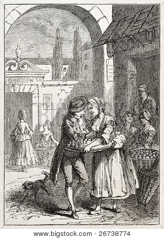 Old illustration of a woman selling apricots. Created by Godefroy-Durand, published on L'Illustration Journal Universel, Paris, 1857