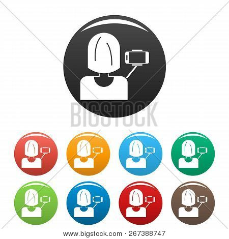 Woman Take Selfie Icons Set 9 Color Isolated On White For Any Design