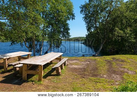 Tables For Meals By Tourists Near The Holy Lake On Anzersky Island, Solovetsky Islands, Arkhangelsk 
