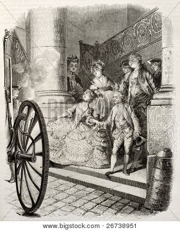 Antica illustrazione di aristocratica giovane coppia imbarco una carrozza. Creato da Moreau, pubblicato su M.