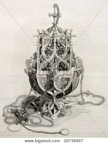 오래 된 thurible의 골동품 그림입니다. 마 가진에 게시 된 Schongauer 후 Montalan로 그리기 