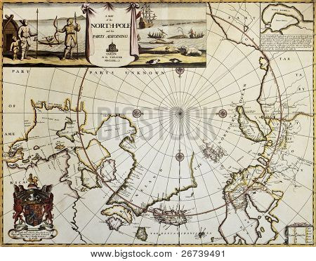 Nordpolen och angränsande landområden gamla karta. Skapad av Moses Pitt, publicerade i Oxford, 1680