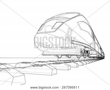 Modern Speed Train Concept. Vector Rendering Of 3d. Wire-frame Style