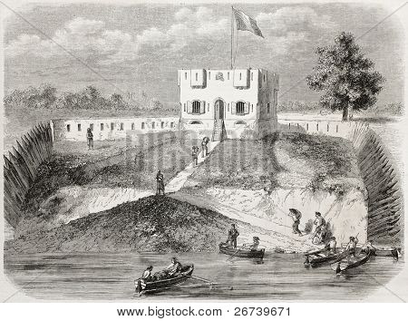 Vanha kuva Matam, Senegal tower Senegal-joen vasemmalla rannalla. Luoma Godefroy Durand jälkeen 
