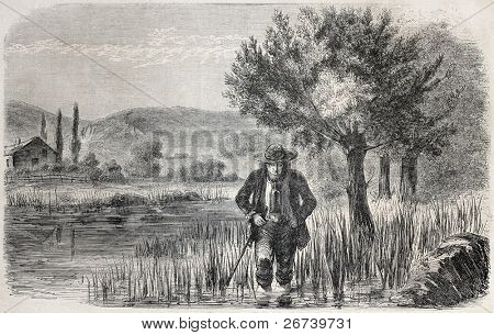 Old illustration of a man leech fishing in a marsh in Bretagne, France. Created by Godefroy Durand, published on L'Illustration Journal Universel, Paris, 1857