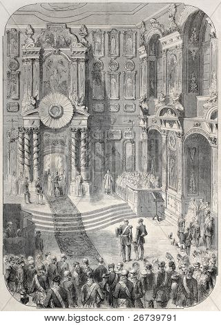 Old illustration of Grand Duke Sergei Alexandrovich of Russia christening in Tsarskoye-Selo. Created by Godefroy-Durand after Blanchard, published on L'Illustration Journal Universel, Paris, 1857