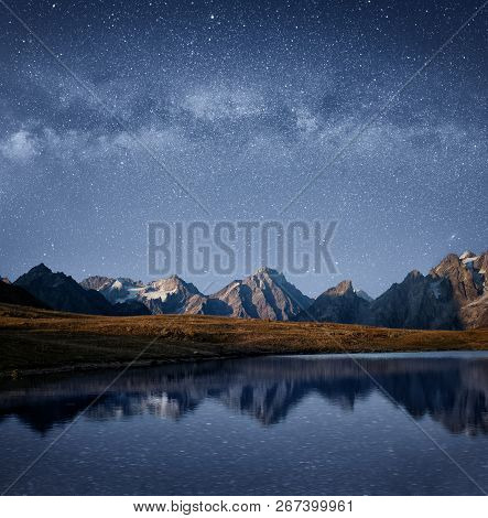 Milky Way Over The Koruldi Lakes, Svaneti, Georgia. Beautiful Night Landscape.