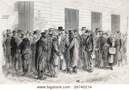 Old illustration of Legion of Honour veterans waiting for imperial decoration. Created by Godefroy-Durand, published on L'Illustration, Journal Universel, Paris, 1857
