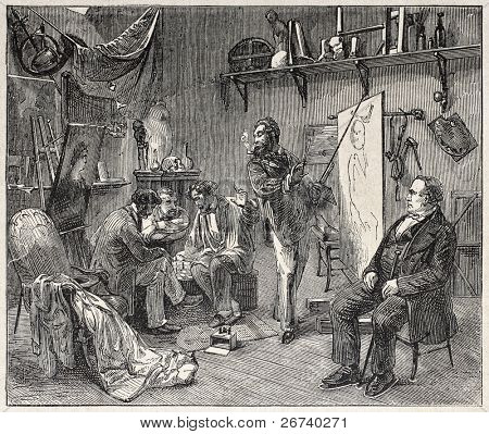 Old illustration of an artist workshop. Created by Godefroy-Durand after Ronjat, published on L'Illustration, Journal Universel, Paris, 1857