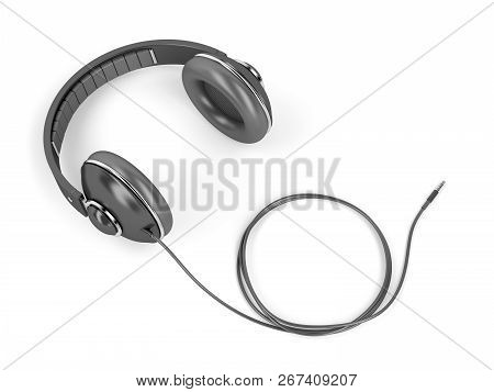 Black Wired Headphones With 3.5mm Headphone Connector On White Background, 3d Illustration