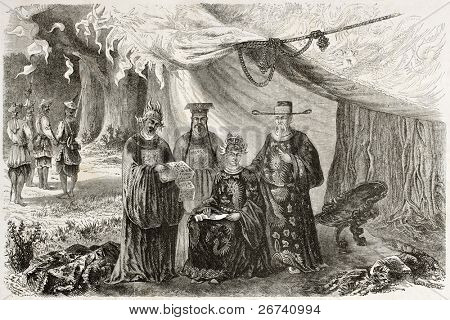 Gamle illustration af Indokina kejser og hans ministre i traditionelle dragter. Lavet af Theron