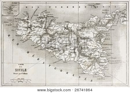 Vecchia mappa Sicilia con l'isola di Stromboli inserire mappa. Creato da Vullemin ed Erhard, pubblicato su Le Tour 
