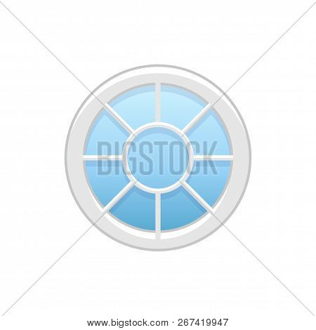 Vector Illustration Of Round Attic Vinyl Wheel Window. Flat Icon Of Traditional Aluminum Circular Wi