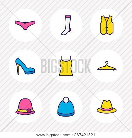 Vector Illustration Of 9 Garment Icons Colored Line. Editable Set Of Vest, Underwear, Women Hat And 