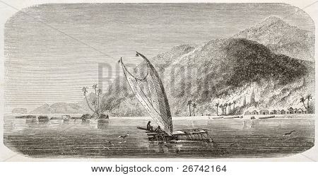 Vanikoro island old view, in the Santa Cruz group, Pacific Ocean. Created by De Berard, published on Le Tour du Monde, Paris, 1860