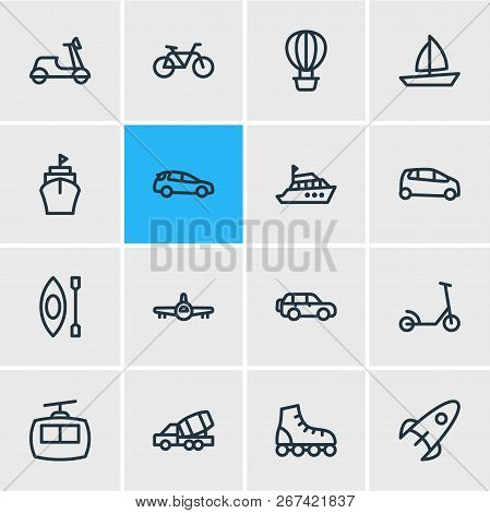 Illustration Of 16 Vehicle Icons Line Style. Editable Set Of Supermini, Kick Scooter, Roller Skates 