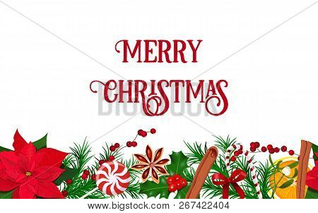 Christmas Frame Decoration Of Holly, Winterberry, Poinsettia Composed Of Fresh Fir Branches.