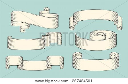Hand Drawn Sketch Set Of Decorative Ribbon Vector Icon. Monochrome Shaped Stripes, Curly And Scroll,