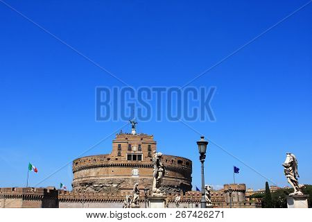 Medieval Castel Sant`angelo Mausoleum Of Hadrian In  Parco Adriano, Rome, Italy.