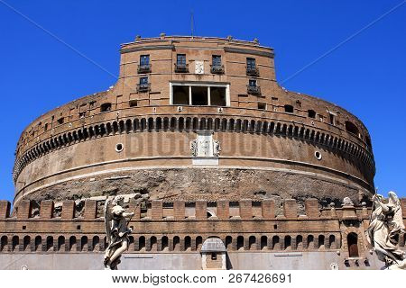 Medieval Castel Sant`angelo Mausoleum Of Hadrian In  Parco Adriano, Rome, Italy.