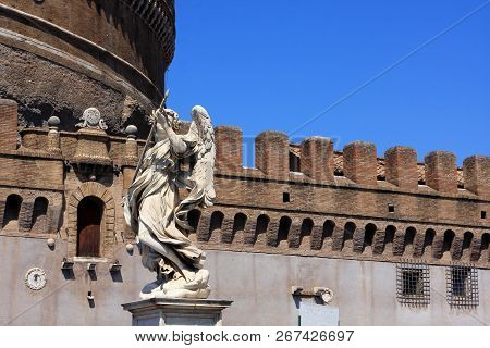 Medieval Castel Sant`angelo Mausoleum Of Hadrian In  Parco Adriano, Rome, Italy.