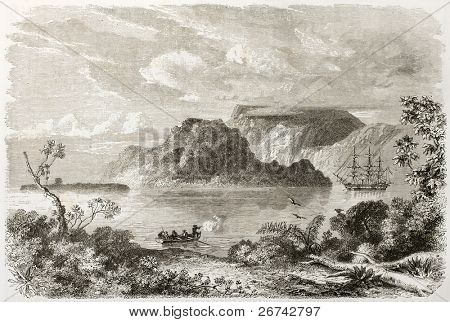 Manevai bay old view in Vanikoro island, Santa Cruz group, Pacific Ocean. Created by De Berard, published on Le Tour du Monde, Paris, 1860