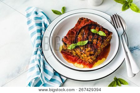 Gluten Free Vegan Lasagna. From Grilled Eggplant, Green Peas, Lentils And Vegetables. Delicious Heal