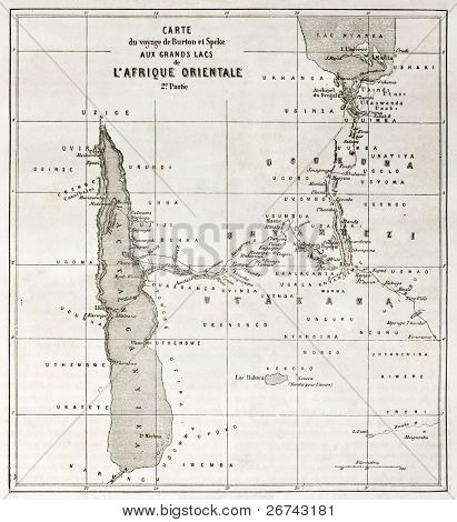 Great lakes region old map, eastern Africa. Created by Erhard, published on Le Tour du Monde, Paris, 1860.