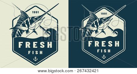 Vintage Marine Label Template With Marlin And Fishing Rod Isolated Vector Illustration