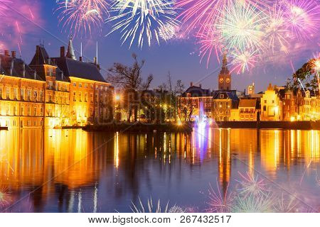 View Of Binnenhof - Dutch Parliament With Old Town Of The Hague With Fireworks, Holland