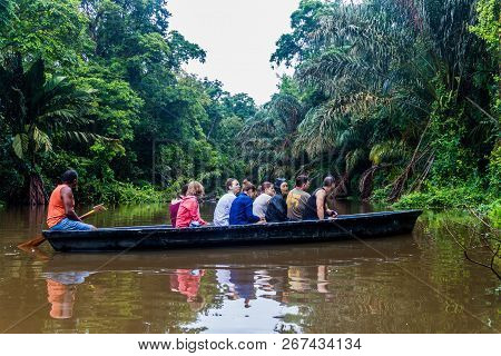 Tortuguero, Costa Rica - May 15, 2016: Boat With Tourists During Wildlife Watching Tour.