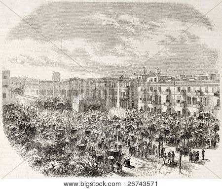 Fountains inauguration in Alexandria, Egypt. Created by Godefroy-Durand after photo of Driegen, published on L'Illustration, Journal Universel, Paris, 1860