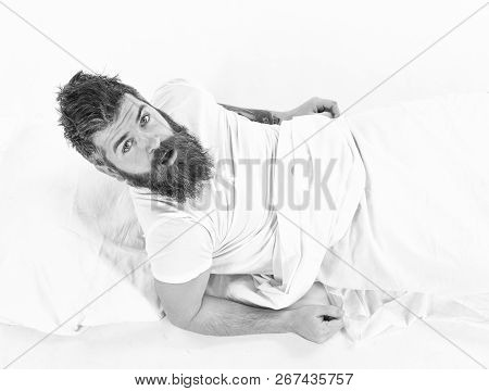 Morning And Wake Up Concept. Man On Surprised Face,