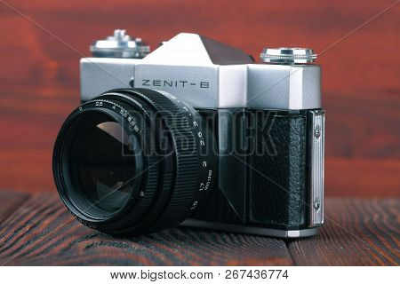 Moscow, Russia, April 20, 2017. The Old Soviet 35 Mm Slr Camera Zenit B, Released 1969.