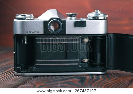 Moscow, Russia, April 20, 2017. The Old Soviet 35 Mm Slr Camera Zenit B, Released 1969.