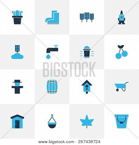 Garden Icons Colored Set With Wheat, Barn, Maple And Other Bugaboo Elements. Isolated  Illustration 