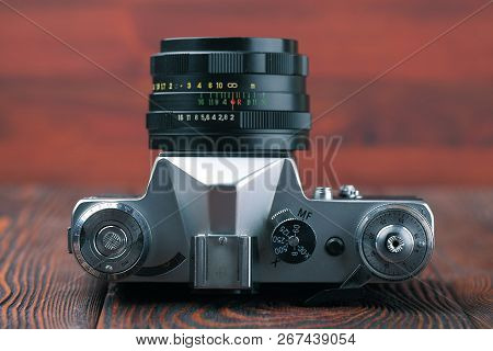 Moscow, Russia, April 20, 2017. The Old Soviet 35 Mm Slr Camera Zenit E, Released 1980.