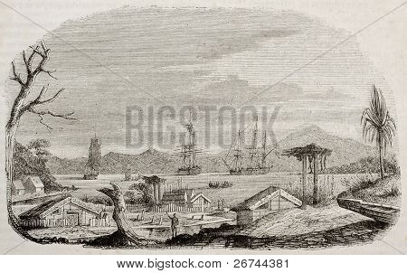 Akaroa hangáru starý pohled, Nový Zéland. Vytvořil(a) Lebreton, zveřejněný Magasin Pittoresque, Paříž, 1843