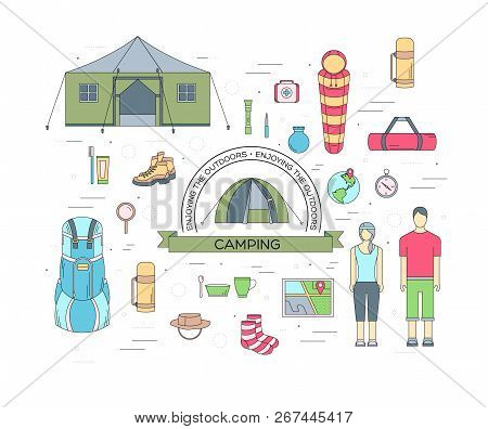 Camping Equipment Set  Infographics Template Concept. Icons For Your Product Or Design, Web And Mobi