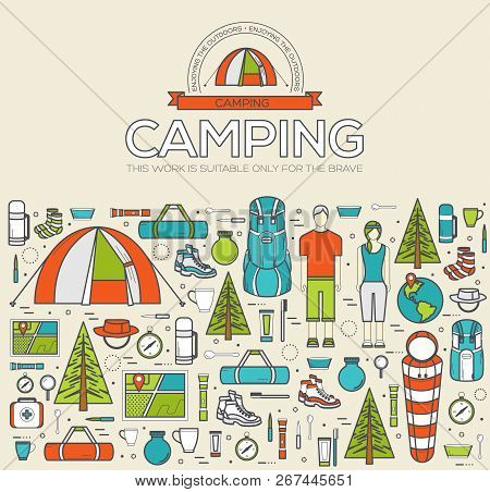 Camping Equipment Set  Infographics Template Concept. Icons For Your Product Or Design, Web And Mobi