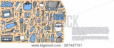 Vector Banner Template With Beauty Items. Set Of Doodle Style Cosmetic Tools. Makeup Collection.