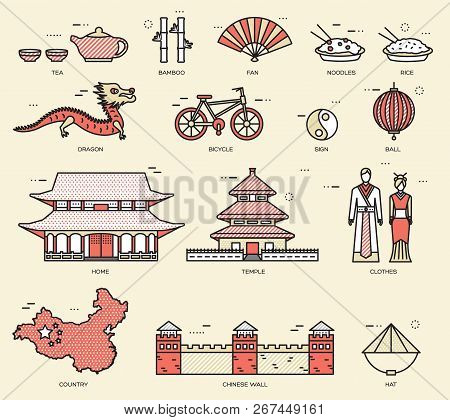 Country China Travel Vacation Guide Of Goods, Places In Thin Lines Style Design. Set Of Architecture