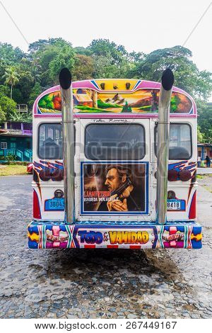 Portobelo, Panama  - May 28, 2016: Colorful Chicken Bus, Former Us School Bus. In Portobelo Village 