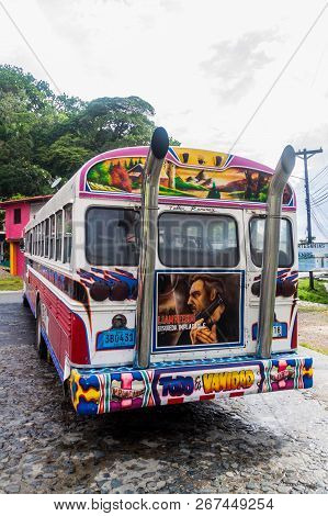 Portobelo, Panama  - May 28, 2016: Colorful Chicken Bus, Former Us School Bus. In Portobelo Village 