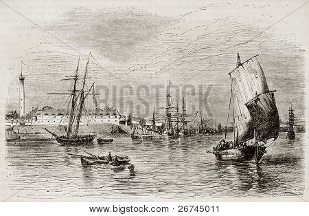 Lorient port régi nézet, Franciaország. Készítette: Beuguelet, megjelent a Magasin Pittoresque, Párizs, 1843