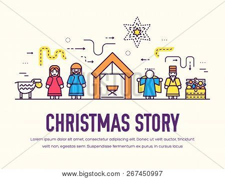 Merry Christmas Thin Line Icons Flat Set Background. Outline Birth Of Christ Illustration Background