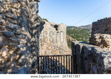 View From The Fortress Wall Of The Remains Of A Round Tower In Nimrod Fortress Located In Upper Gali