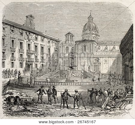 Palermo-rådhuset (Palazzo delle Aquile) og Pretoria springvand gamle se, Sicilien. Lavet af Rouargue